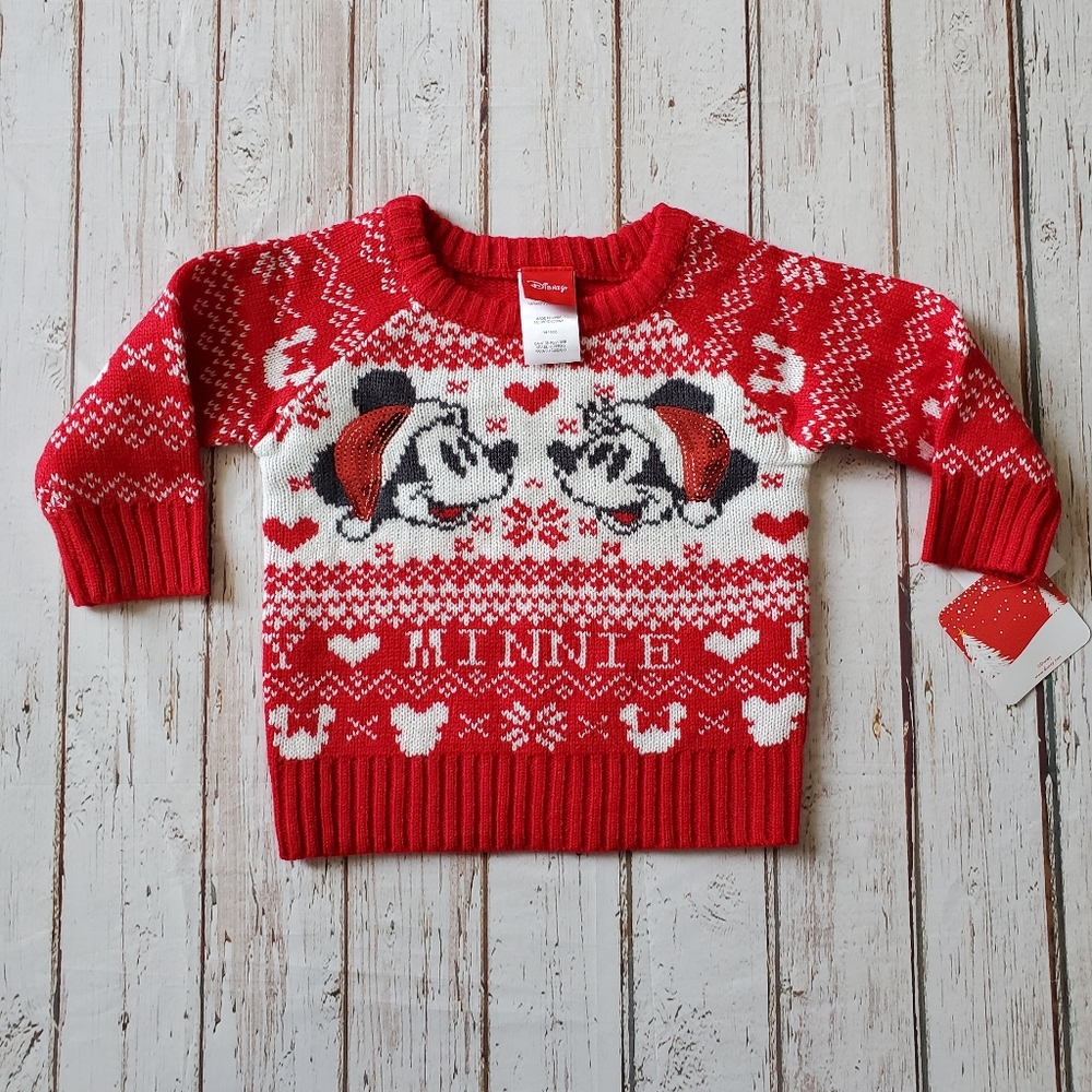 New Disney Mickey and Minnie Mouse Knit Christmas Holiday Sweater Size 12 Mos.